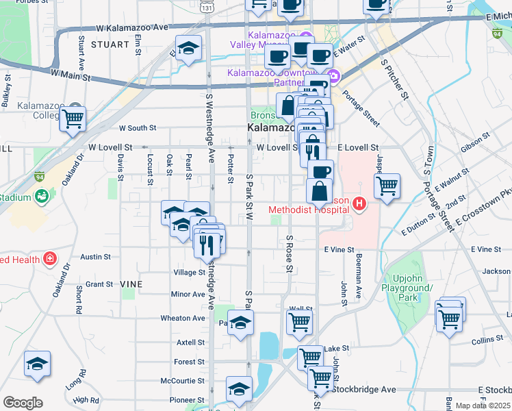 map of restaurants, bars, coffee shops, grocery stores, and more near 319 West Walnut Street in Kalamazoo
