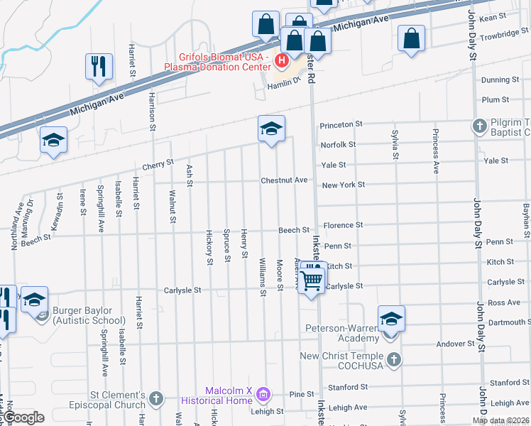 map of restaurants, bars, coffee shops, grocery stores, and more near 3269 Williams Street in Inkster