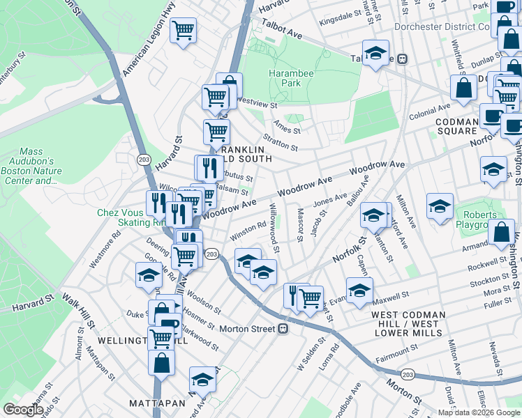 map of restaurants, bars, coffee shops, grocery stores, and more near 170 Woodrow Avenue in Boston