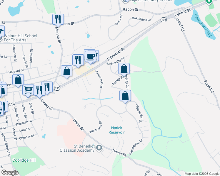 map of restaurants, bars, coffee shops, grocery stores, and more near 12 Retrop Road in Natick