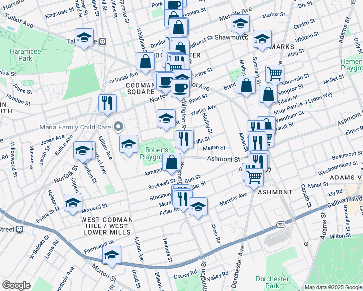 map of restaurants, bars, coffee shops, grocery stores, and more near 731 Washington Street in Boston