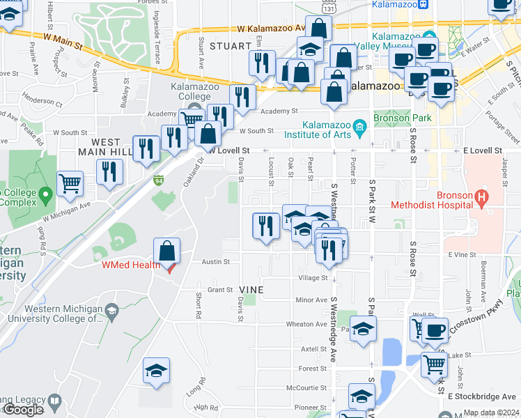 map of restaurants, bars, coffee shops, grocery stores, and more near 837 West Walnut Street in Kalamazoo