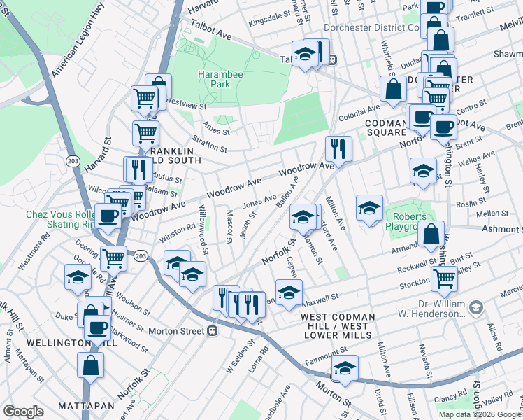 map of restaurants, bars, coffee shops, grocery stores, and more near 16 Jones Avenue in Boston