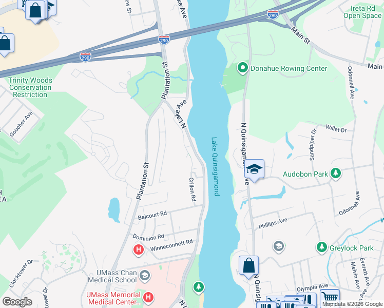 map of restaurants, bars, coffee shops, grocery stores, and more near 245 North Lake Avenue in Worcester