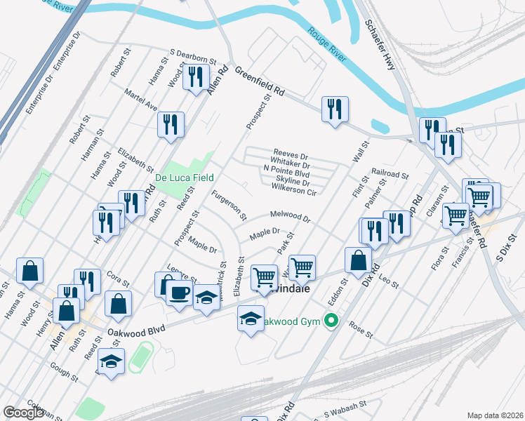 map of restaurants, bars, coffee shops, grocery stores, and more near 3504 Caryn Street in Melvindale