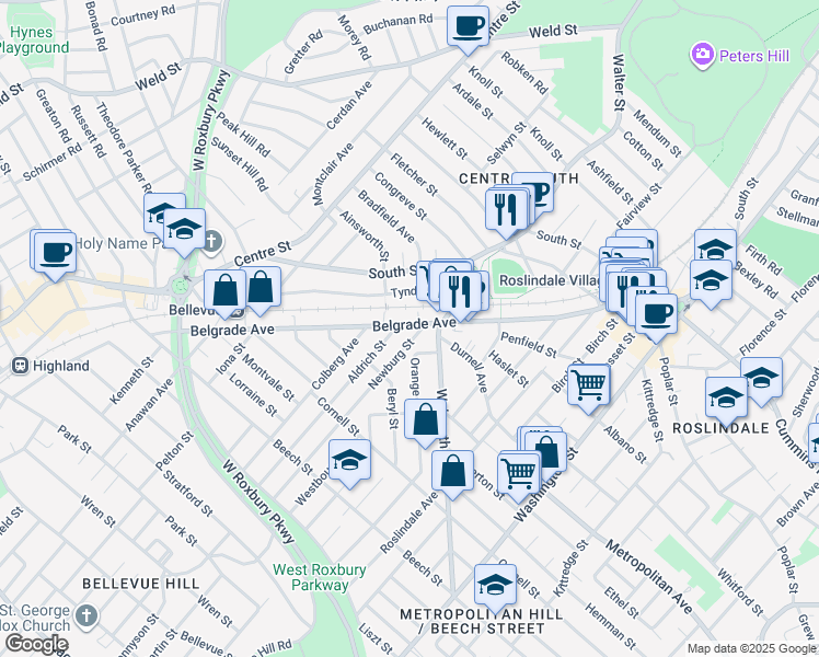 map of restaurants, bars, coffee shops, grocery stores, and more near 193 Belgrade Avenue in Boston