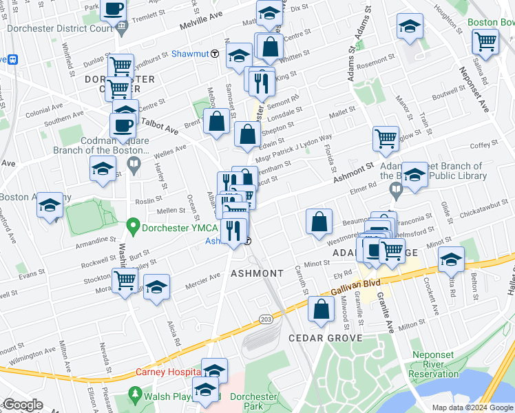 map of restaurants, bars, coffee shops, grocery stores, and more near 218 Ashmont Street in Boston