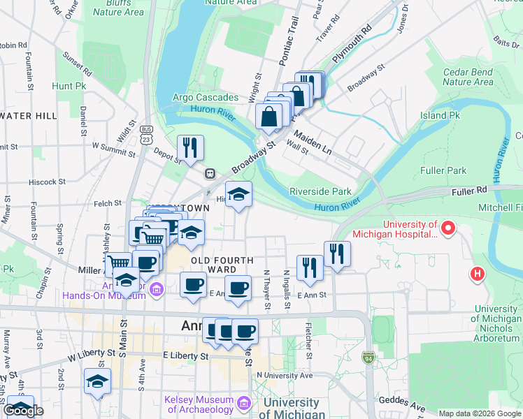 map of restaurants, bars, coffee shops, grocery stores, and more near 800 Fuller Street in Ann Arbor