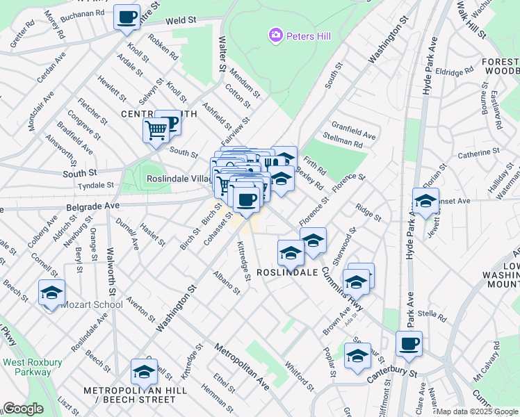 map of restaurants, bars, coffee shops, grocery stores, and more near 67 Poplar Street in Boston