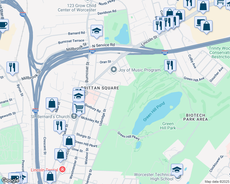 map of restaurants, bars, coffee shops, grocery stores, and more near 38 Shaffner Street in Worcester