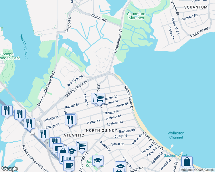 map of restaurants, bars, coffee shops, grocery stores, and more near 25 Hummock Road in Quincy