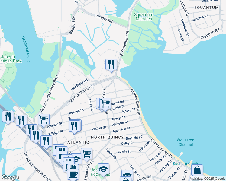 map of restaurants, bars, coffee shops, grocery stores, and more near 25 Hummock Road in Quincy