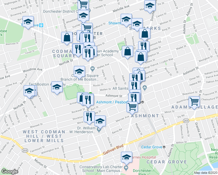 map of restaurants, bars, coffee shops, grocery stores, and more near 51 Roslin Street in Boston