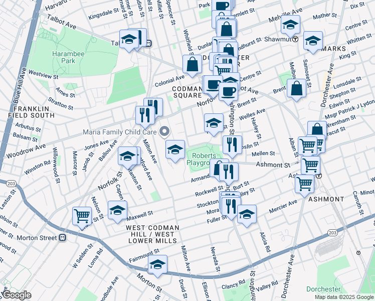 map of restaurants, bars, coffee shops, grocery stores, and more near 6 Wentworth Terrace in Boston