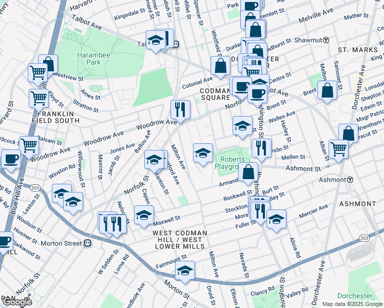 map of restaurants, bars, coffee shops, grocery stores, and more near 36 Edson Street in Boston