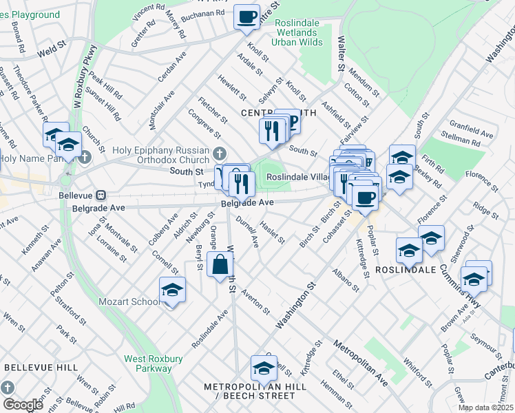 map of restaurants, bars, coffee shops, grocery stores, and more near 133 Belgrade Avenue in Boston
