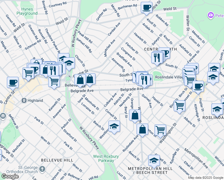 map of restaurants, bars, coffee shops, grocery stores, and more near 261 Belgrade Avenue in Boston