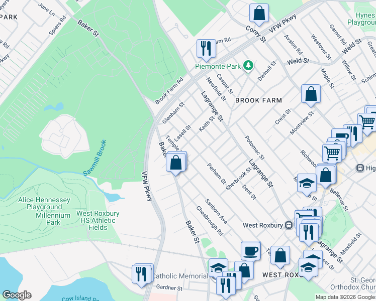 map of restaurants, bars, coffee shops, grocery stores, and more near 74 Keith Street in Boston