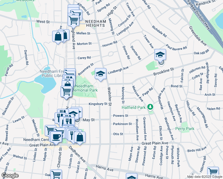 map of restaurants, bars, coffee shops, grocery stores, and more near 340 Brookline Street in Needham