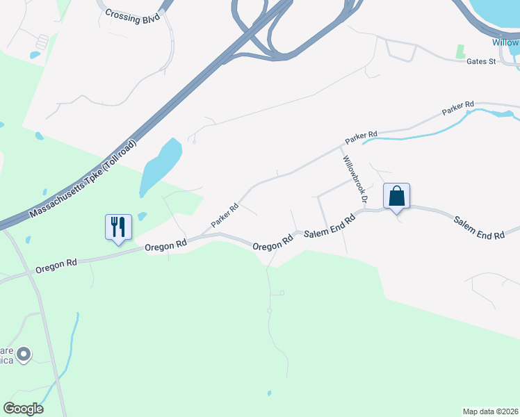 map of restaurants, bars, coffee shops, grocery stores, and more near 130 Parker Road in Framingham