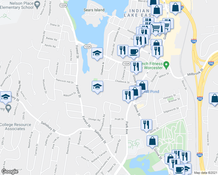 map of restaurants, bars, coffee shops, grocery stores, and more near 35 Chadwick Street in Worcester