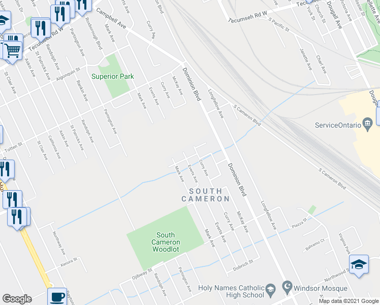 map of restaurants, bars, coffee shops, grocery stores, and more near 1891 Curry Avenue in Windsor