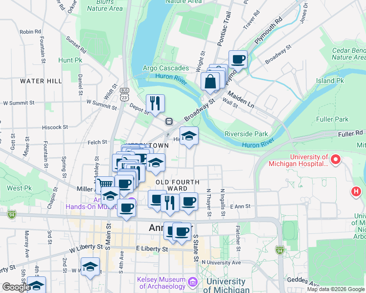 map of restaurants, bars, coffee shops, grocery stores, and more near 504 High Street in Ann Arbor
