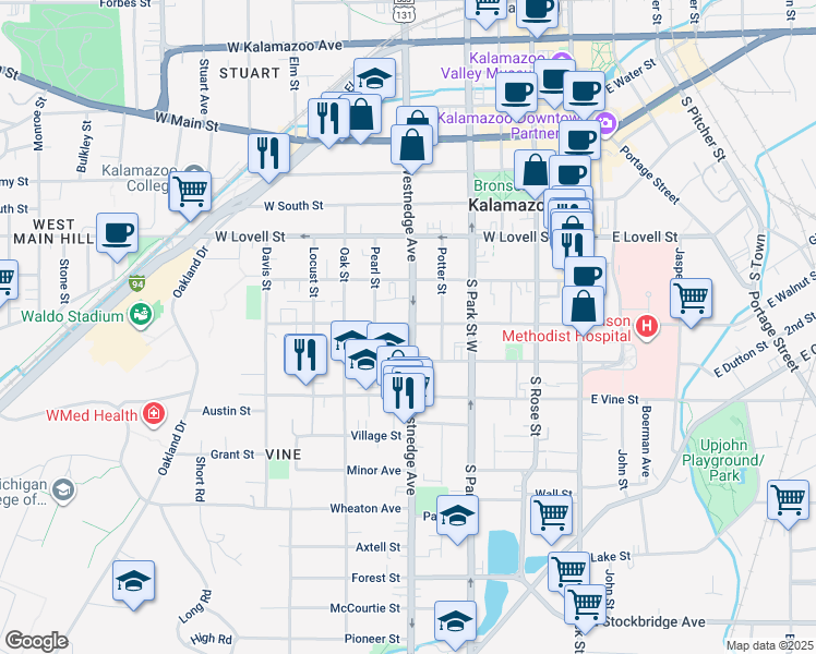 map of restaurants, bars, coffee shops, grocery stores, and more near 526 South Westnedge Avenue in Kalamazoo