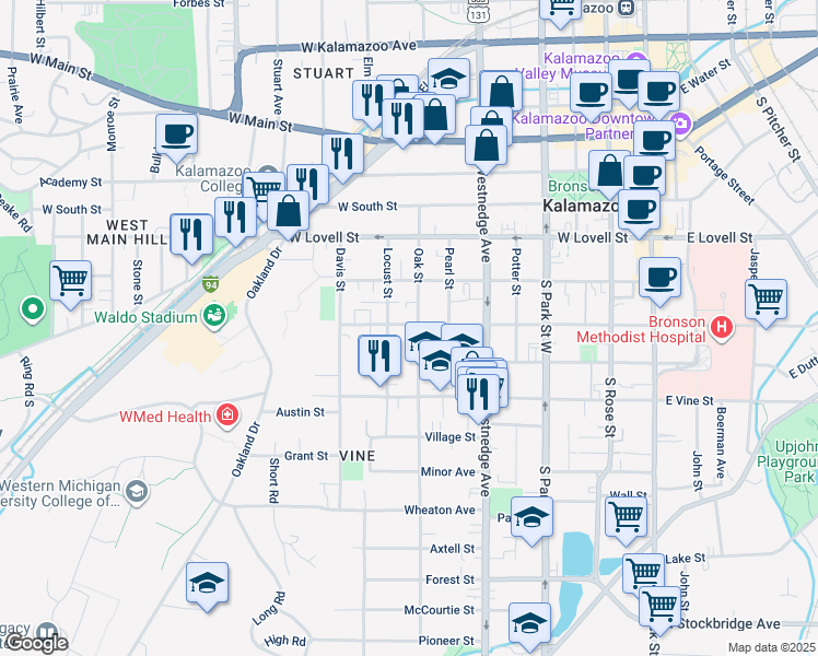 map of restaurants, bars, coffee shops, grocery stores, and more near 712 West Walnut Street in Kalamazoo