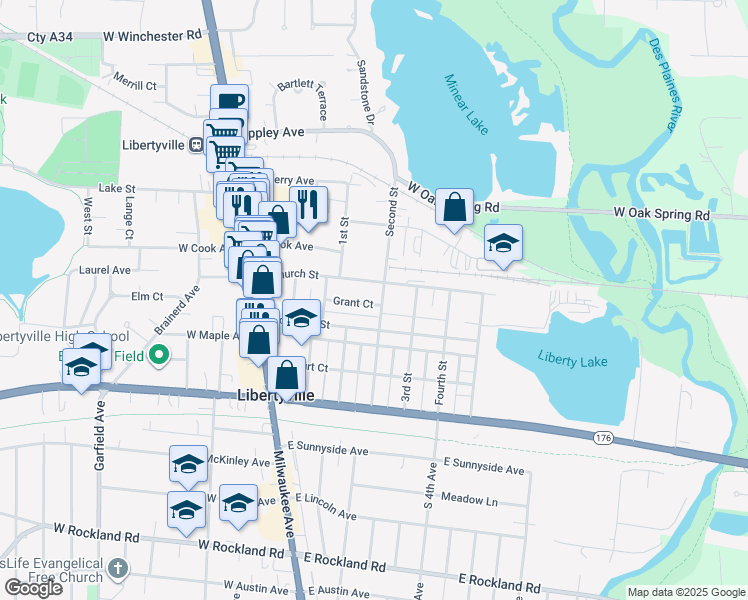 map of restaurants, bars, coffee shops, grocery stores, and more near 335 East Church Street in Libertyville