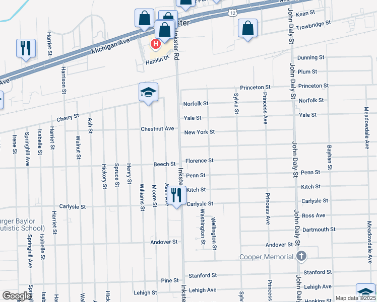 map of restaurants, bars, coffee shops, grocery stores, and more near 27304 Notre Dame Street in Inkster