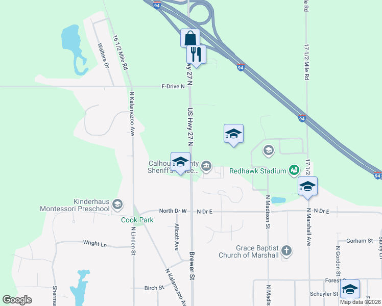 map of restaurants, bars, coffee shops, grocery stores, and more near 5600 Brewer Street in Marshall