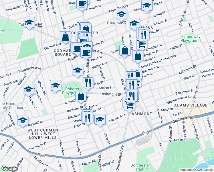 map of restaurants, bars, coffee shops, grocery stores, and more near 21 Mellen Street in Boston