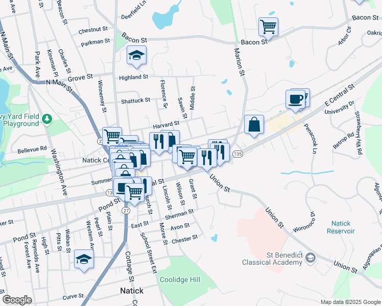 map of restaurants, bars, coffee shops, grocery stores, and more near 101 North Avenue in Natick