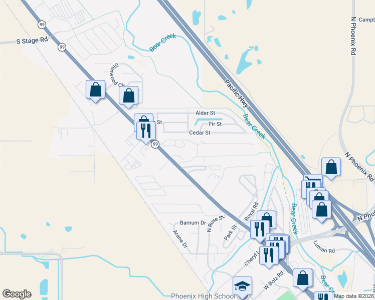 map of restaurants, bars, coffee shops, grocery stores, and more near 8514 East Evans Creek Road in Medford