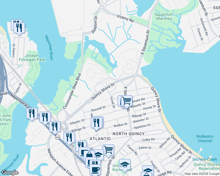map of restaurants, bars, coffee shops, grocery stores, and more near 105 Alstead Street in Quincy
