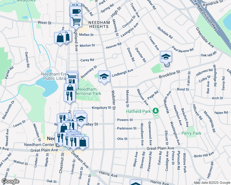 map of restaurants, bars, coffee shops, grocery stores, and more near 340 Brookline Street in Needham