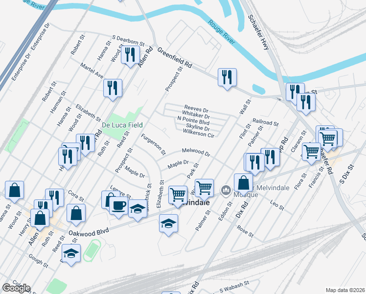 map of restaurants, bars, coffee shops, grocery stores, and more near 3504 Caryn Street in Melvindale