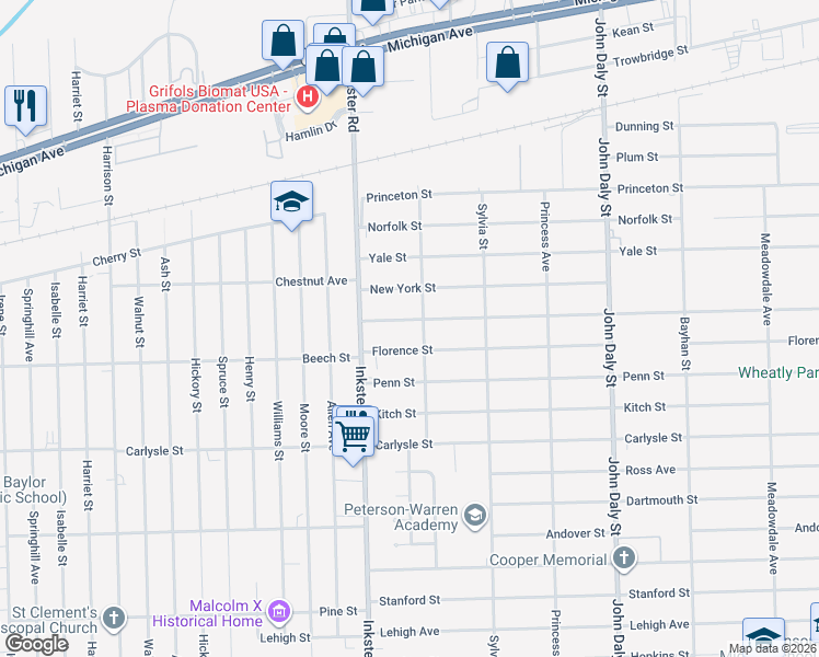 map of restaurants, bars, coffee shops, grocery stores, and more near 27304 Notre Dame Street in Inkster