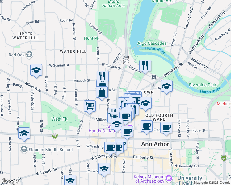 map of restaurants, bars, coffee shops, grocery stores, and more near 546 North Main Street in Ann Arbor