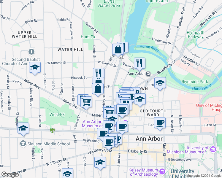 map of restaurants, bars, coffee shops, grocery stores, and more near 537 North Main Street in Ann Arbor