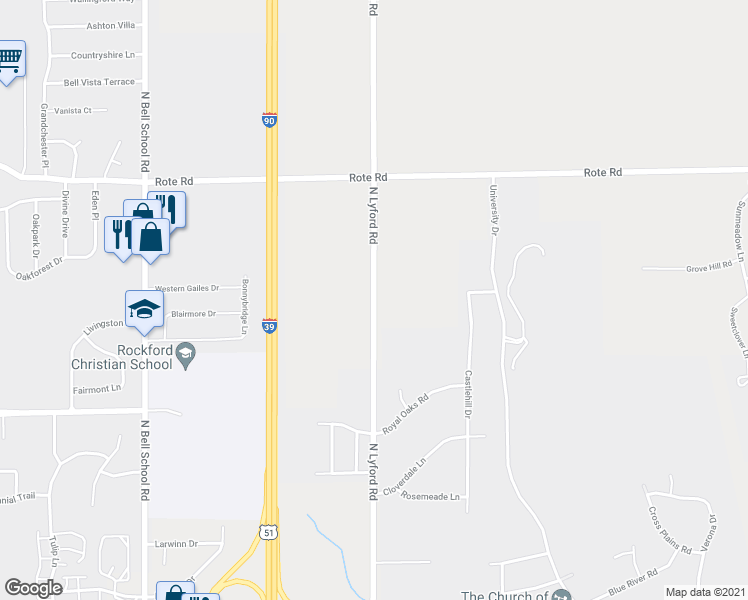 map of restaurants, bars, coffee shops, grocery stores, and more near 1692 North Lyford Road in Rockford