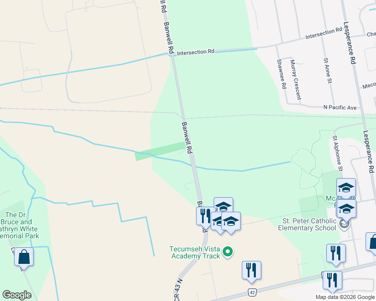 map of restaurants, bars, coffee shops, grocery stores, and more near 2325 Banwell Road in Tecumseh