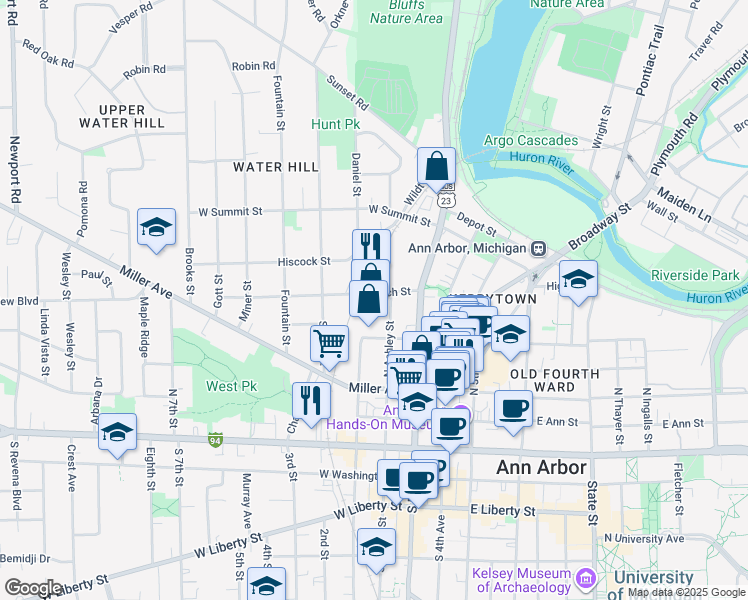 map of restaurants, bars, coffee shops, grocery stores, and more near 218 West Kingsley Street in Ann Arbor