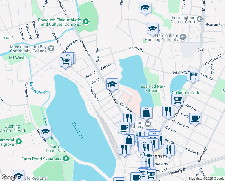 map of restaurants, bars, coffee shops, grocery stores, and more near 273 Union Avenue in Framingham