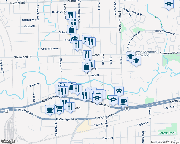 map of restaurants, bars, coffee shops, grocery stores, and more near 3103 South Wayne Road in Wayne