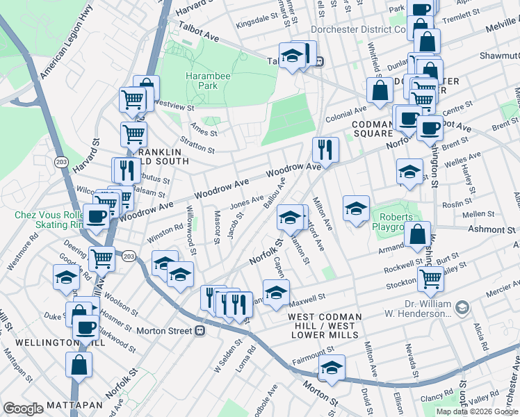 map of restaurants, bars, coffee shops, grocery stores, and more near 61 Ballou Avenue in Boston