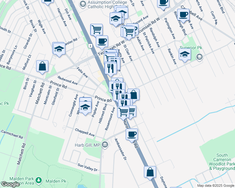 map of restaurants, bars, coffee shops, grocery stores, and more near 1690 Huron Church Road in Windsor