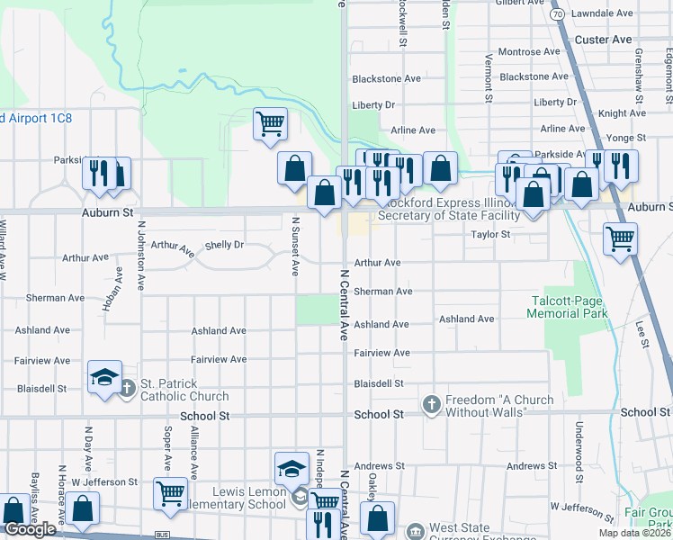 map of restaurants, bars, coffee shops, grocery stores, and more near 1708 Arthur Avenue in Rockford