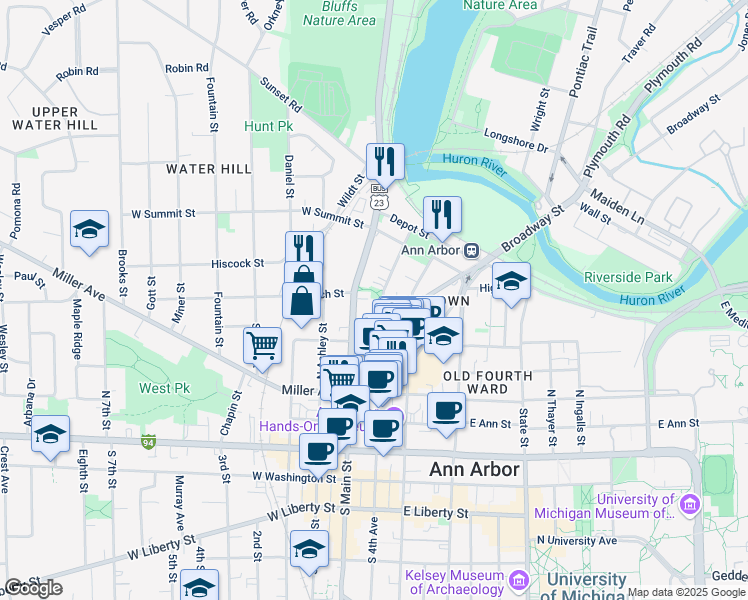 map of restaurants, bars, coffee shops, grocery stores, and more near 546 North Main Street in Ann Arbor